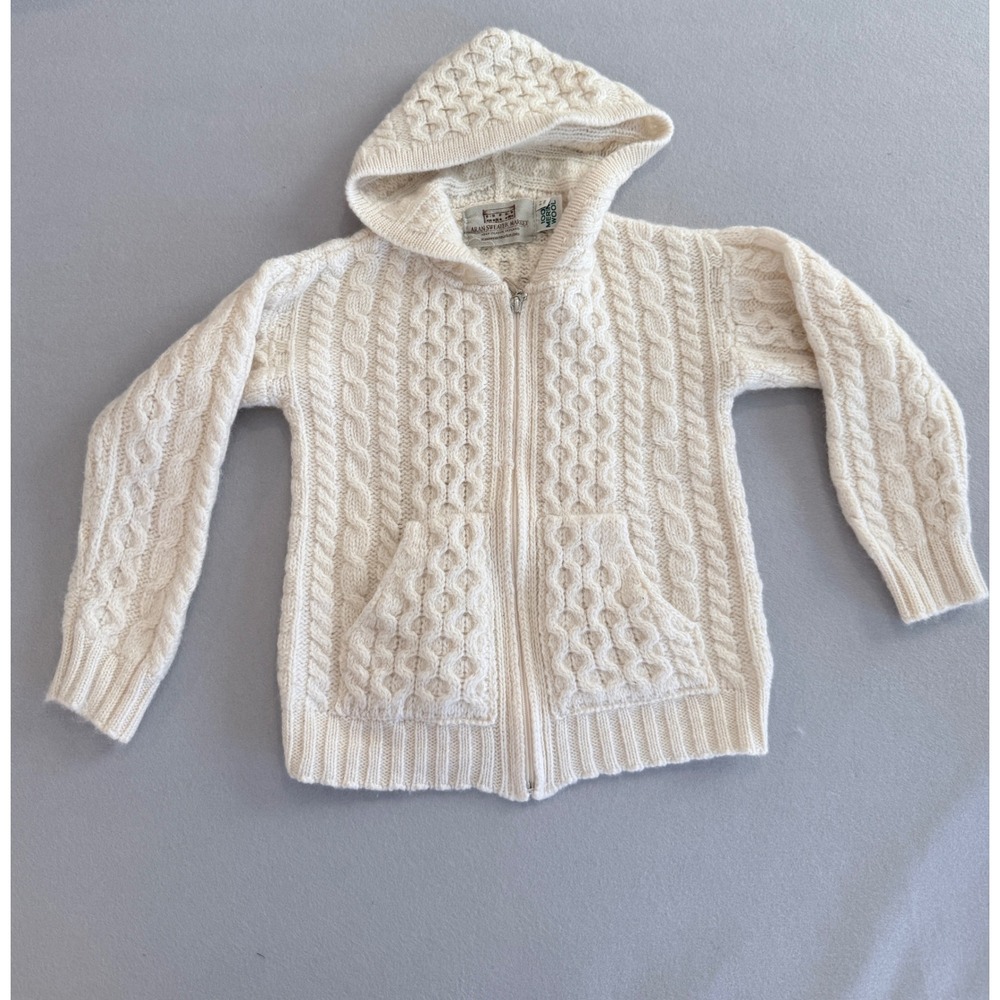 GENUINE Aran Sweater Market Kids Merino Wool Zip Hoodie Cream 6-7 Yrs